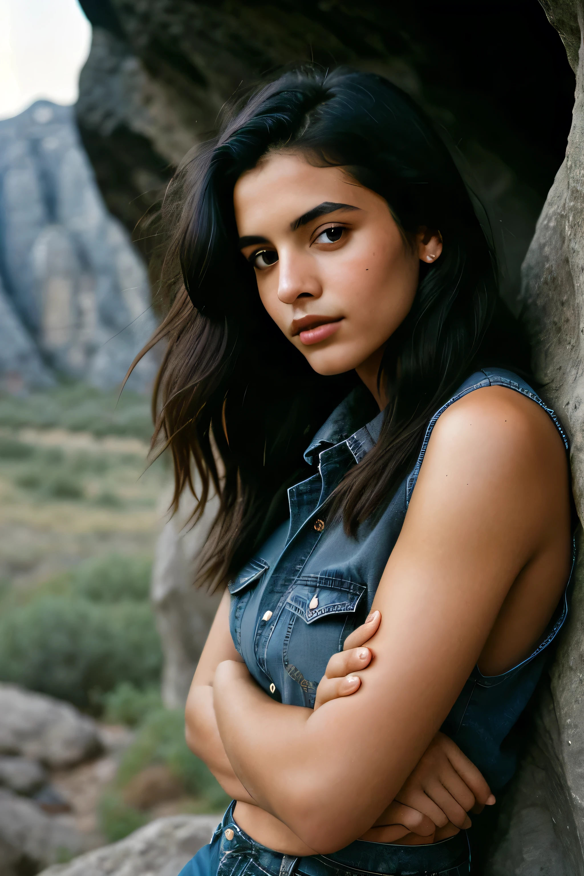 photograph of a woman, textured skin, goosebumps, black hair, plaid flannel shirt with distressed boyfriend jeans, cowboy shot, dark and mysterious cave with unique rock formations and hidden wonders, perfect eyes, Porta 160 color, shot on ARRI ALEXA 65, bokeh, sharp focus on subject, shot by Don McCullin