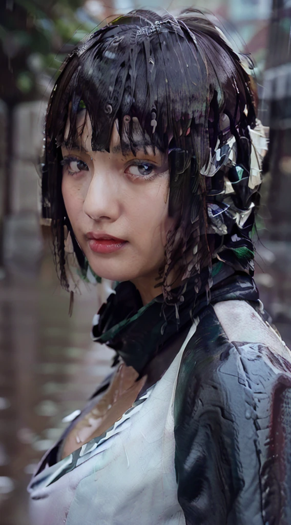 (best quality, 4k, Masterpiece :1.3), beautiful woman, 1 girl, (chest, attractive body :1.2), abdomen :1.1, dark brown hair: 1.1, (wet rain, Wet from the rain, Wet :1.2), Highly detailed face, detailed lips, Detailed eyes, Double eyelids, Cowboy Shot, squat,