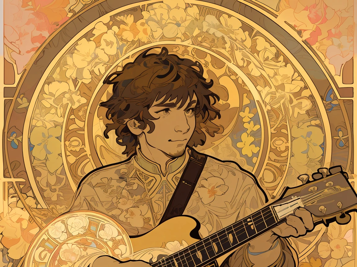 face portrait of a electric guitar,Gibson,No man,floral frame, Decorative panels, abstract artistic, by Alphonse Mucha (Masterpiece, Best Quality, Highres:1.4), Detailed, Intricate Details, 4K, color splashes, line art, fibonacci,