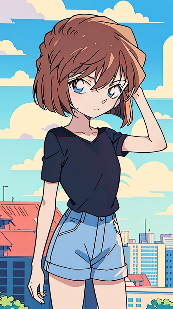 anime style, (1girl in, Solo:1.0), (Haibara Ai), ((Short pants)), (((Big eyes))), (Cute anime girl head), (flat chest),looking at viewer,With a height of 100cm, shoot from front, (head shot), Simple lineinimalism,Abstract Art,City background