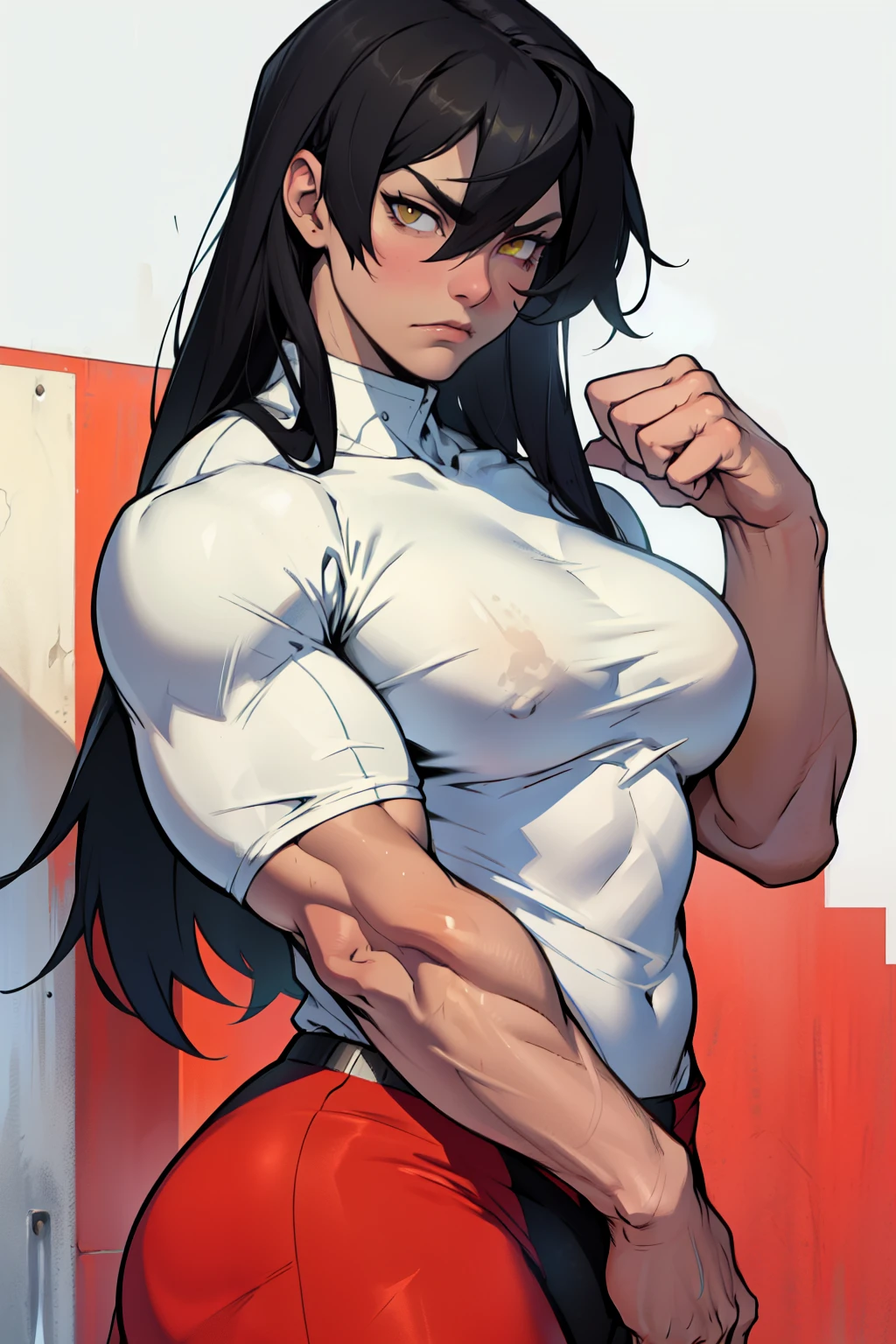 muscular girl perky breasts thick thick thick thick thick black hair yellow eyes pale skin expressionless sad frown