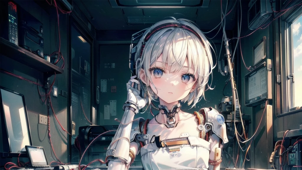 (((masterpiece))), (((Highest quality))), ((Very detailed)), (Highly detailed CG illustrations), ((Very delicate and beautiful)),(Cute and delicate face),Light,((1. Machine Girl)),alone,whole body,(Machine made joints:1.4),((Mechanical Limbs)),(Muscles swell),(The vessel is connected to the tube),(Brain in a container:1.3),((Mechanical vertebrae attached to the back)),((Mechanical cervical spine attached to the neck)),((Sitting)),poker face,(Wires and cables attached to head and body:1.5),Small breasts,short hair,(Character Focus),SF,Lying down,Shortcuts,センター分けのShortcuts,A devastated society,alone,Wearing a headband,Odd Eye