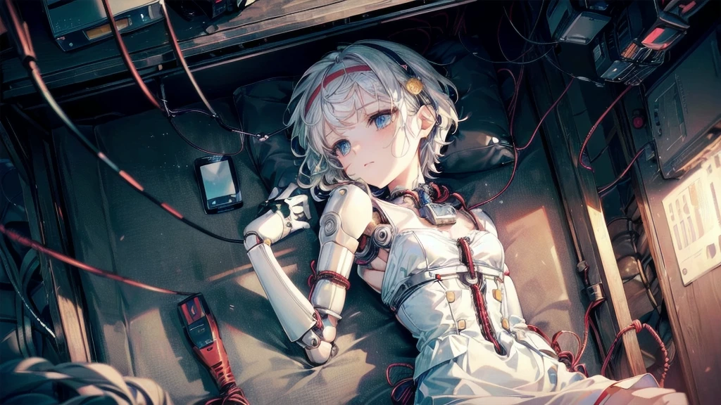 (((masterpiece))), (((Highest quality))), ((Very detailed)), (Highly detailed CG illustrations), ((Very delicate and beautiful)),(Cute and delicate face),Light,((1. Machine Girl)),alone,whole body,(Machine made joints:1.4),((Mechanical Limbs)),(Muscles swell),(The vessel is connected to the tube),(Brain in a container:1.3),((Mechanical vertebrae attached to the back)),((Mechanical cervical spine attached to the neck)),((Sitting)),poker face,(Wires and cables attached to head and body:1.5),Small breasts,short hair,(Character Focus),SF,Lying down,Shortcuts,センター分けのShortcuts,A devastated society,alone,Wearing a headband,Odd Eye