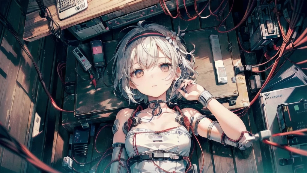 (((masterpiece))), (((Highest quality))), ((Very detailed)), (Highly detailed CG illustrations), ((Very delicate and beautiful)),(Cute and delicate face),Light,((1. Machine Girl)),alone,whole body,(Machine made joints:1.4),((Mechanical Limbs)),(Muscles swell),(The vessel is connected to the tube),(Brain in a container:1.3),((Mechanical vertebrae attached to the back)),((Mechanical cervical spine attached to the neck)),((Sitting)),poker face,(Wires and cables attached to head and body:1.5),Small breasts,short hair,(Character Focus),SF,Lying down,Shortcuts,センター分けのShortcuts,A devastated society,alone,Wearing a headband,Odd Eye