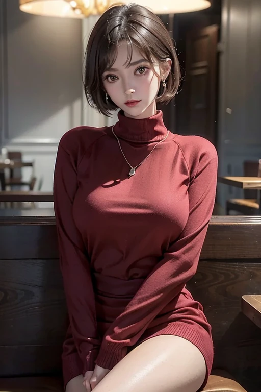 (Raw photo, High resolution, Best Quality, masutepiece:1.3), (realistic detailed, hyper realisitic, Photorealistic: 1.2), Shot with Canon EOS R6, Sharp Focus, F/1.8, mid-shot, upperbody shot, 1girl in, Very delicate and beautiful, Beautiful detailed girl, Very detailed eyes and face, Triangular face, Beautiful detailed eyes, (Slender figure, thin waist), ((Red Sweater Dress)), Stylish pendant, earrings, Natural makeup, Pink shiny lips, Sweepside stylish shorthair, Perfect Style, (low illuminance, sitting in a cafe), nffsw, Ultra-realistic, Highest Quality, super detailed