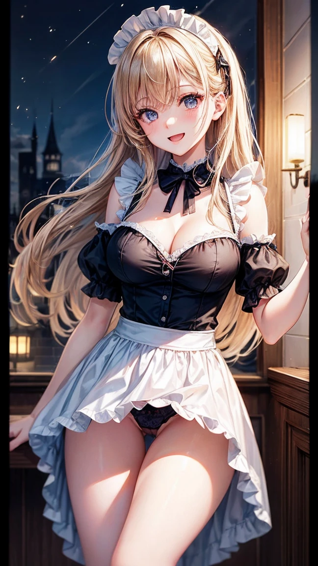 ((Highest quality、8k、masterpiece:1.3))、Dynamic Angle、The whole body is visible、wallpaper、1 Girl、Unparalleled beauty、Ultimate beauty、Skimpy underwear、Highly detailed face、Delicate eyes、Laugh shyly、Sexy Looks、To sexually seduce、Looking into the camera、Depth of written border、Particles of light、Side light、Long Hair、blonde、Jeweled maid outfit、The wind blows up my skirt、Panties exposed.、Open chest、Big Breasts、Cleavage、Knee socks、Thighs、slim、thin、Old castle at night