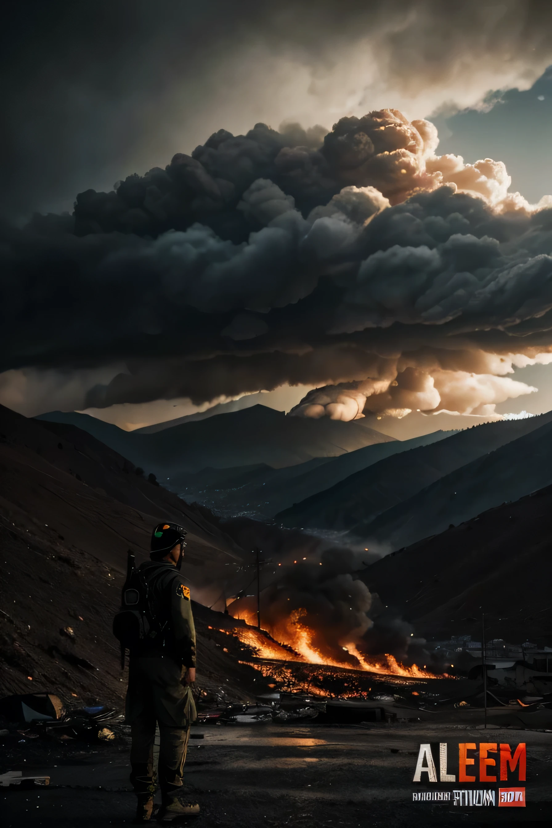 a poster, detailed text "All Eyes On Jammu & Kashmir", bomb fire attack in jammu kashmir, dramatic atmosphere, explosive scene, realistic, cinematic lighting, high contrast, moody colors, 4k, photorealistic, hyper detailed, intricate, masterpiece