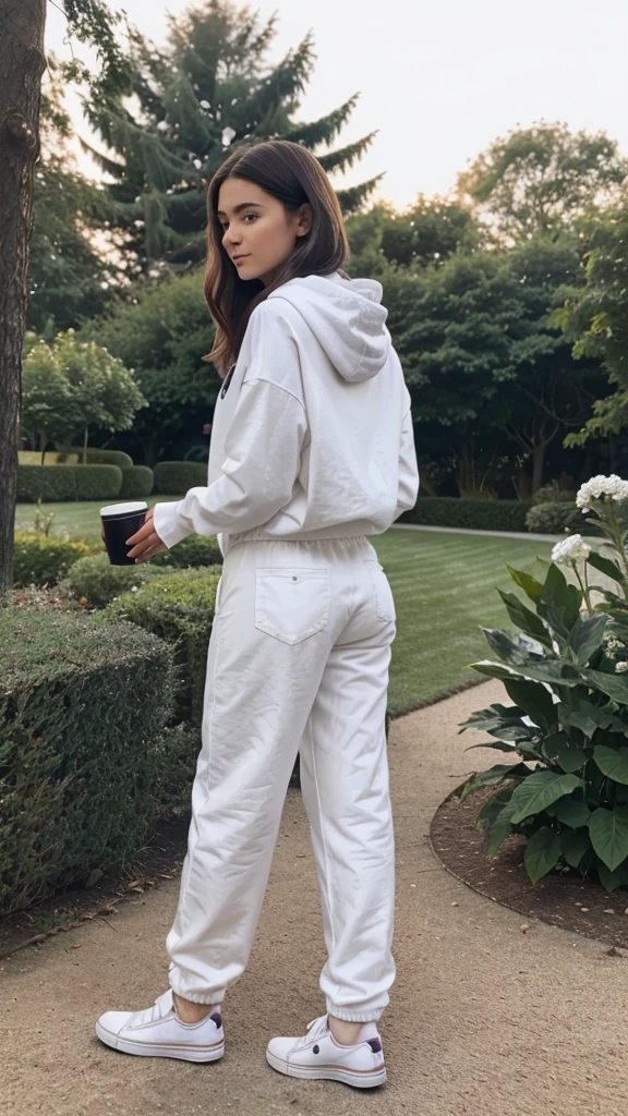 Pictures of a cute girl’s hand holding a cup of coffee in a garden. The girl is wearing wide pants, white sneakers, and a long black hoodie. Filmed towards the back camera, not the front. Simple and quick random daily photography during the day The girl is 150 tall and weighs 57 and her face does not appear in the picture in night