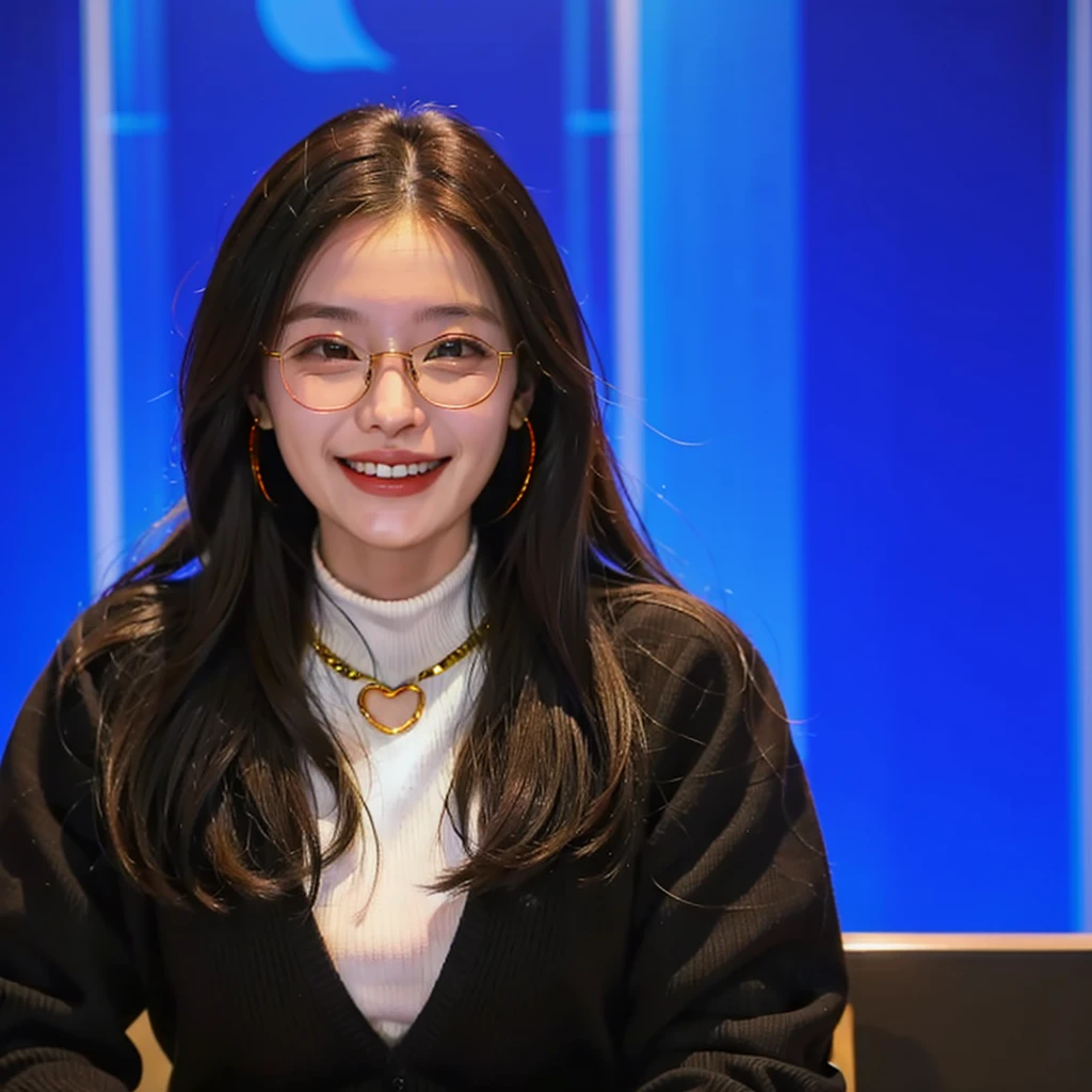 head portrait，close up photo, Lady Lady，A young woman laughing heartily，Black single ponytail，Gold wire round frame glasses，High neck black sweater