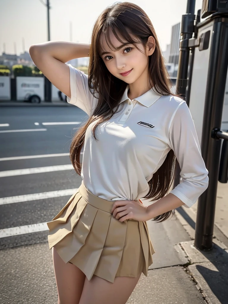 (8k, RAW Photos, Highest quality, masterpiece:1.2), (Realistic, photo-Realistic:1.4), (Highly detailed 8K wallpapers), ((Full Body Shot)), (1 girl), Sharp focus, Depth of written boundary, Cinematic lighting, Soft Light, 緻密な美しさのeye, eye_Chan, Very beautiful 17 year old girl, innocent big eyes, Realistic, photo Realistic, Highly detailed cute girl, (Thin thighs), (Model Body Type), 18-year-old, (((McLaren F1 team polo shirt))), ((Micro Mini Pleated Skirt)), (((Fold your arms in front of your chest and act arrogantly))), ((A happy smile)), Parted lips, Watching the audience, (On the streets of Britain) , (Brown Hair),(Semi-long hair)