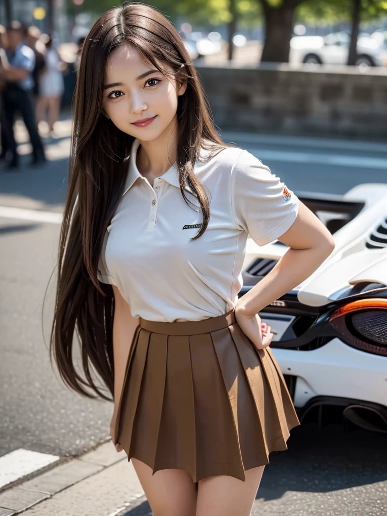 (8k, RAW Photos, Highest quality, masterpiece:1.2), (Realistic, photo-Realistic:1.4), (Highly detailed 8K wallpapers), ((Full Body Shot)), (1 girl), Sharp focus, Depth of written boundary, Cinematic lighting, Soft Light, 緻密な美しさのeye, eye_Chan, Very beautiful 17 year old girl, innocent big eyes, Realistic, photo Realistic, Highly detailed cute girl, (Thin thighs), (Model Body Type), 18-year-old, (((McLaren F1 team polo shirt))), ((Micro Mini Pleated Skirt)), (((Fold your arms in front of your chest and act arrogantly))), ((A happy smile)), Parted lips, Watching the audience, (On the streets of Britain) , (Brown Hair),(Semi-long hair)
