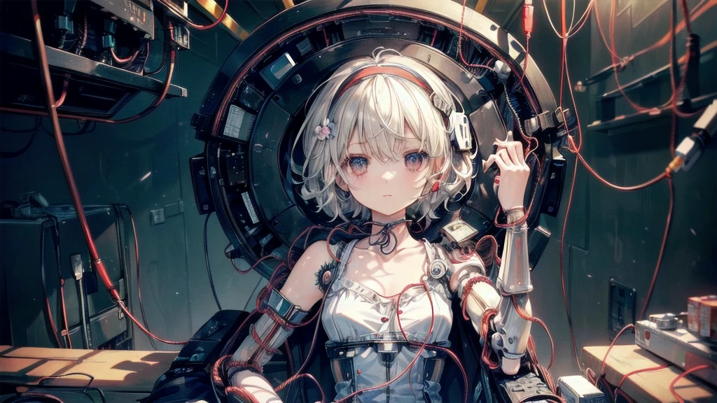 (((masterpiece))), (((Highest quality))), ((Very detailed)), (Highly detailed CG illustrations), ((Very delicate and beautiful)),(Cute and delicate face),Light,((1. Machine Girl)),alone,whole body,(Machine made joints:1.4),((Mechanical Limbs)),(Muscles swell),(The vessel is connected to the tube),(Brain in a container:1.3),((Mechanical vertebrae attached to the back)),((Mechanical cervical spine attached to the neck)),((Sitting)),poker face,(Wires and cables attached to head and body:1.5),Small breasts,short hair,(Character Focus),SF,Lying down,Shortcuts,センター分けのShortcuts,A devastated society,alone,Wearing a headband,Odd Eye