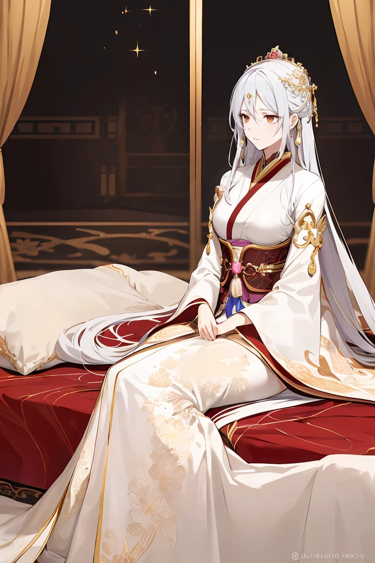 Empress Jiuyou is an enchanting and majestic figure. She has long, flowing black hair that glimmers subtly, and her deep violet eyes exude wisdom and a touch of melancholy. Her skin is pale and flawless, giving her an almost ethereal appearance.

Her attire is a modest yet intricately designed Hanfu. The Hanfu features wide sleeves, a high collar, and multiple layers of delicate, pastel-colored fabrics adorned with intricate patterns and sparkling gemstones. This elegant outfit should cover her fully while highlighting her slender, regal figure.

Set the scene in her luxurious bedchamber, rich with golden silk drapes and opulent furnishings. The room should reflect her status as an empress, with drapes embroidered with phoenix and dragon motifs symbolizing her divine royalty. Her bed, piled with lavish pillows and blankets, sits prominently in the room, and an ornate mirror on the wall reflects her otherworldly beauty. Through a window, a serene view of the moonlit palace gardens can be seen, adding an element of tranquility to the scene.

The atmosphere should balance elegance and underlying tension, emphasizing Empress Jiuyou's grace and the complex power dynamics of her position.