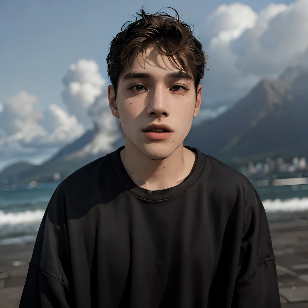 (masterpiece:1.2), (best quality:1.2), hyper realistic,highestres,absurdres,extremely detailed,volumetic,dramatic lighting,(frontal view),
20 year old boy,face,detailed eyes, flat black hoodie, black t-shirt, with background ((sky))