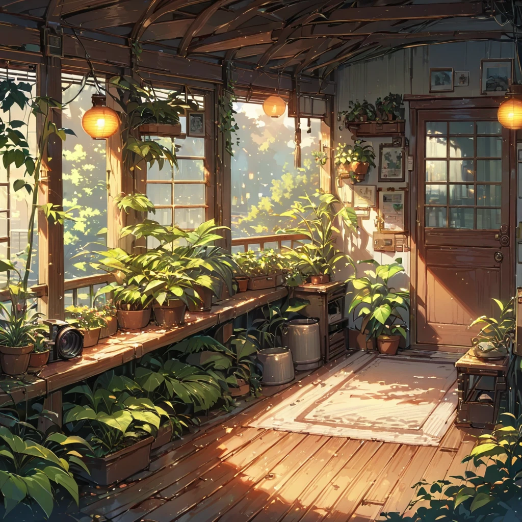 ((anime:1.4,illustration)),(masterpiece, top quality, best quality),(ultra-detailed, absolutely resolution),((16k, high res)), (((cozy lofi veranda with plants,))), ((cosy lofi illustration:1.4)), ((anime:1.4, illustration)),(masterpiece, top quality, best quality),(ultra-detailed, absolutely resolution),((16k, high res)) BREAK {lofi art, style of Laurie Greasley, style of Makoto Shinkai, anime aesthetic}, BREAK { (produces images with information than 40 million pixels with cinematic-like detailed textures shot on a Sony SLR).}