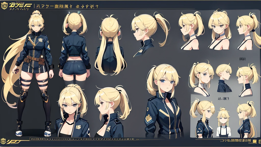 police girl ,blonde hair ponytail,blue eye,character design sheet, character turnaround, character in different poses