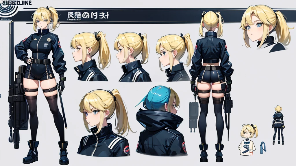 police girl ,blonde hair ponytail,blue eye,character design sheet, character turnaround, character in different poses