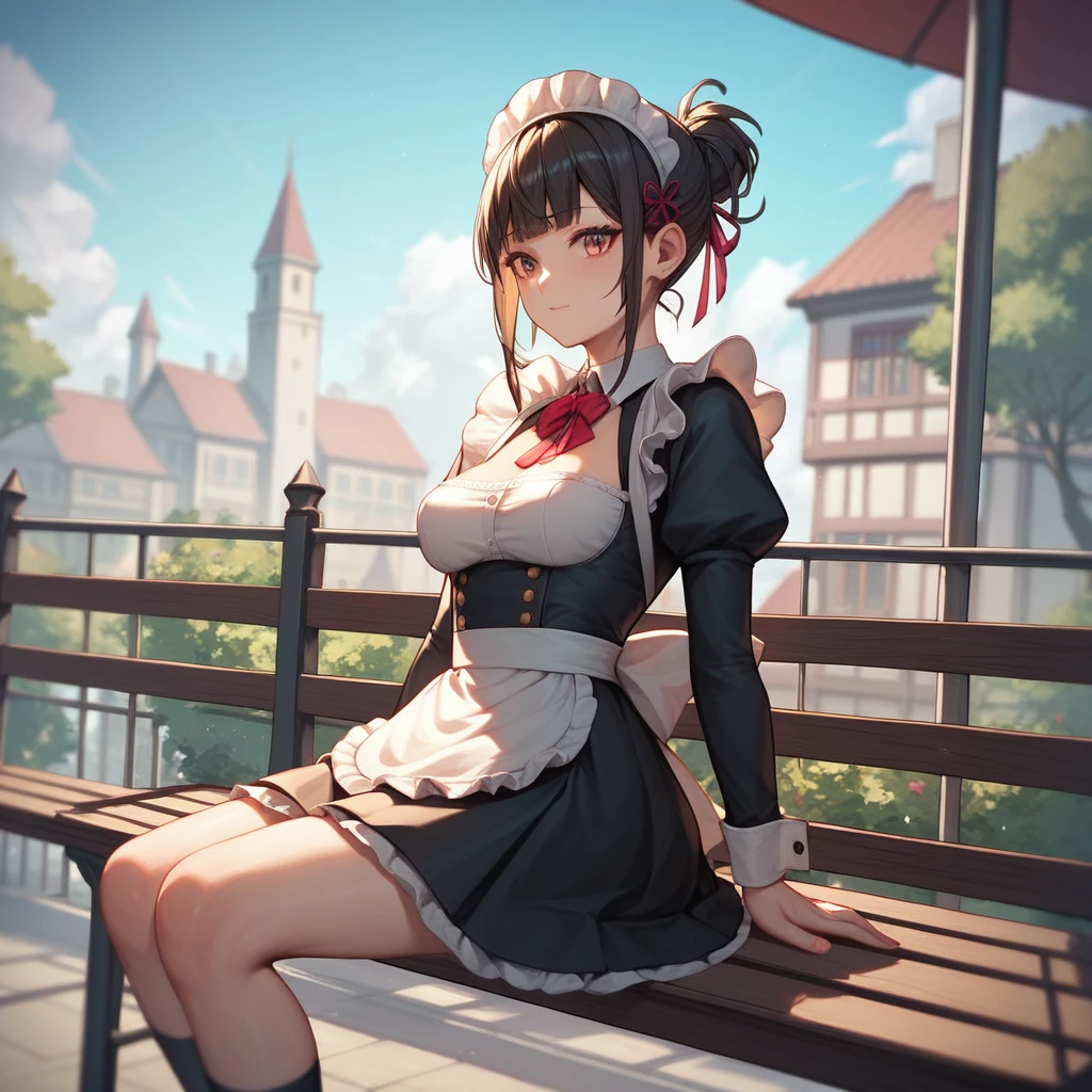 Anime girl in a maid outfit sitting on a bench with a city in the background, Best anime 4k konachan wallpaper, Fine details. Girls' Frontline, Rorish, from Girls' Frontline, From the Azur Lane video game, Nightcore, Azur Lane Style, Cute anime waifu in a nice dress, Perfect white hair girl, Enchanting anime girl, Smooth anime CG art