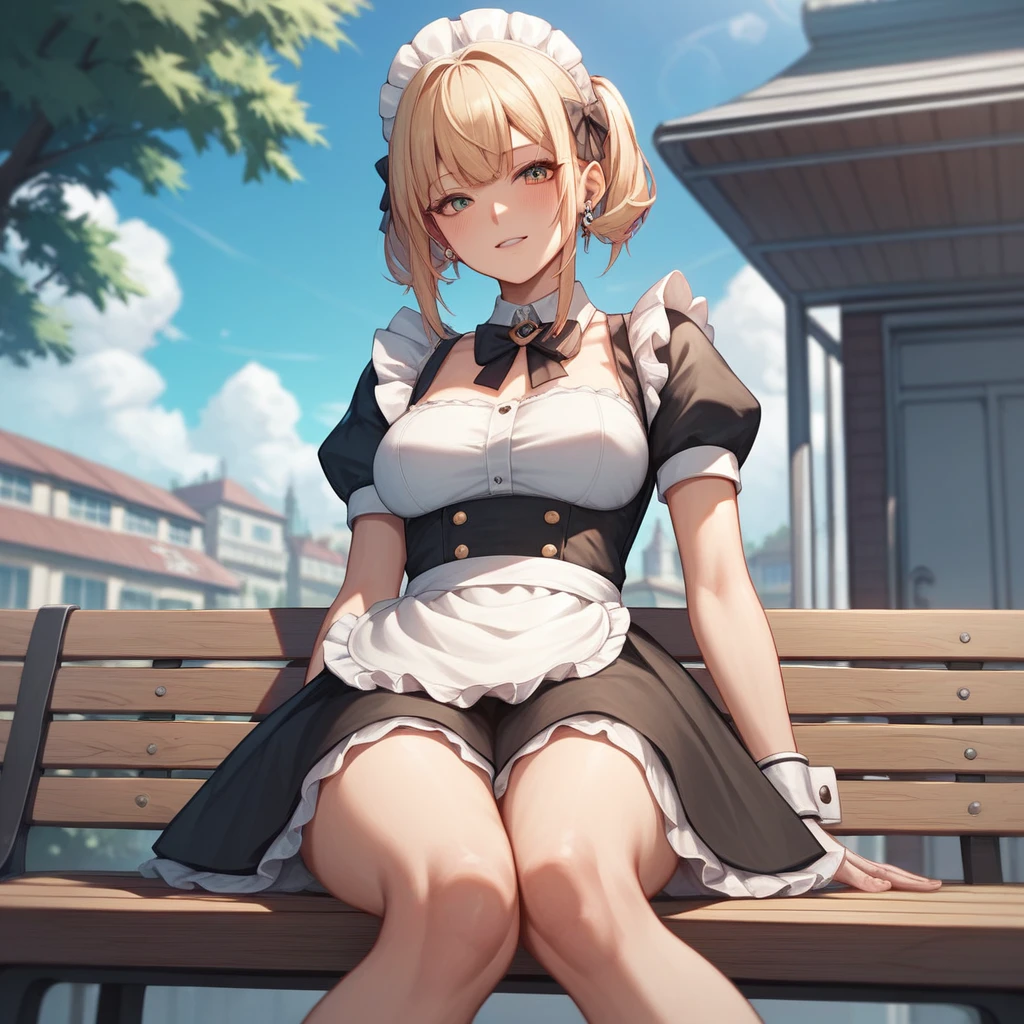 Anime girl in a maid outfit sitting on a bench with a city in the background, Best anime 4k konachan wallpaper, Fine details. Girls&#39; Frontline, Rorish, from Girls&#39; Frontline, From the Azur Lane video game, Nightcore, Azur Lane Style, Cute anime waifu in a nice dress, Perfect white hair girl, Enchanting anime girl, Smooth anime CG art