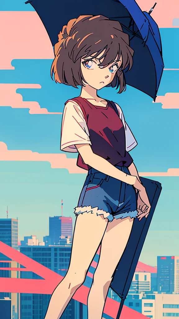 anime style, (1girl in, Solo:1.0), (Haibara Ai), ((Short pants)), (((Big eyes))), (Cute anime girl head), (flat chest),looking at viewer,With a height of 100cm, shoot from front, (head shot), Simple lineinimalism,Abstract Art,City background