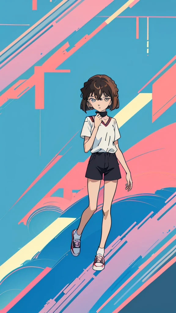 anime style, (1girl in, Solo:1.0), (Haibara Ai), ((Short pants)), (((Big eyes))), (Cute anime girl head), (flat chest),looking at viewer,With a height of 100cm, shoot from front, (head shot), Simple lineinimalism,Abstract Art,City background