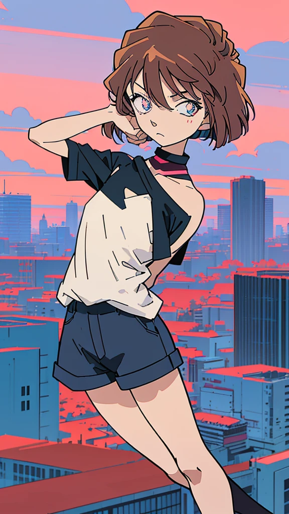 anime style, (1girl in, Solo:1.0), (Haibara Ai), ((Short pants)), (((Big eyes))), (Cute anime girl head), (flat chest),looking at viewer,With a height of 100cm, shoot from front, (head shot), Simple lineinimalism,Abstract Art,City background