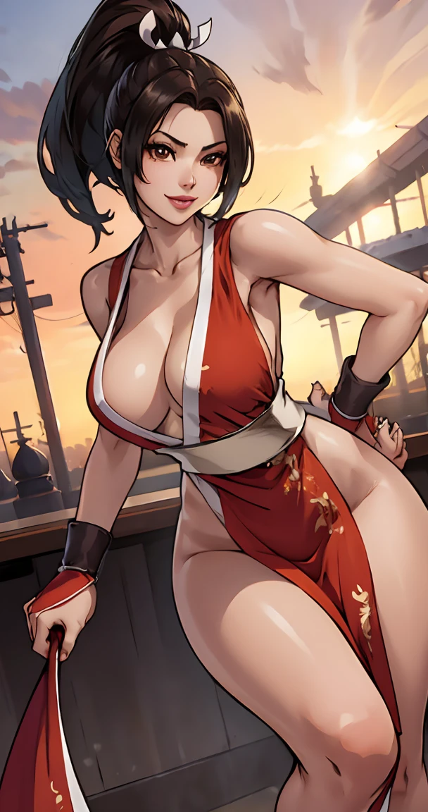 (Mai Shiranui), she is showing her side, She's on her side for the viewer,__body parts__, official art, 8k unit wallpaper, ultra detailed, beautiful, masterpiece, Super fine photo, high quality, super tall resolution, photorealistic, sunlight, smile, elegant dress, jewelry, in Birthday Party, amusement park, beautiful, highly detailed skin, realistic skin details, visible pores, sharp focus, digital SLR camera,