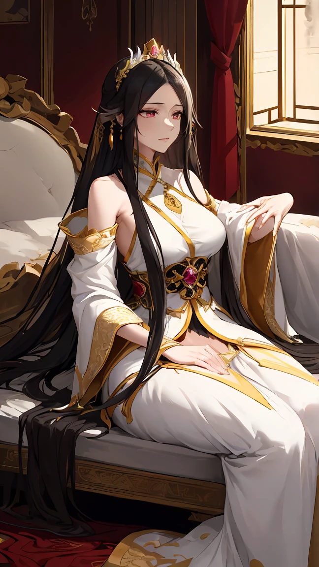 Empress Jiuyou is an enchanting and majestic figure. She has long, flowing black hair that glimmers subtly, and her deep violet eyes exude wisdom and a touch of melancholy. Her skin is pale and flawless, giving her an almost ethereal appearance.
Her attire is a modest yet intricately designed Hanfu. The Hanfu features wide sleeves, a high collar, and multiple layers of delicate, pastel-colored fabrics adorned with intricate patterns and sparkling gemstones. This elegant outfit should cover her fully while highlighting her slender, regal figure.
Set the scene in her luxurious bedchamber, rich with golden silk drapes and opulent furnishings. The room should reflect her status as an empress, with drapes embroidered with phoenix and dragon motifs symbolizing her divine royalty. Her bed, piled with lavish pillows and blankets, sits prominently in the room, and an ornate mirror on the wall reflects her otherworldly beauty. Through a window, a serene view of the moonlit palace gardens can be seen, adding an element of tranquility to the scene.
The atmosphere should balance elegance and underlying tension, emphasizing Empress Jiuyou's grace and the complex power dynamics of her position.