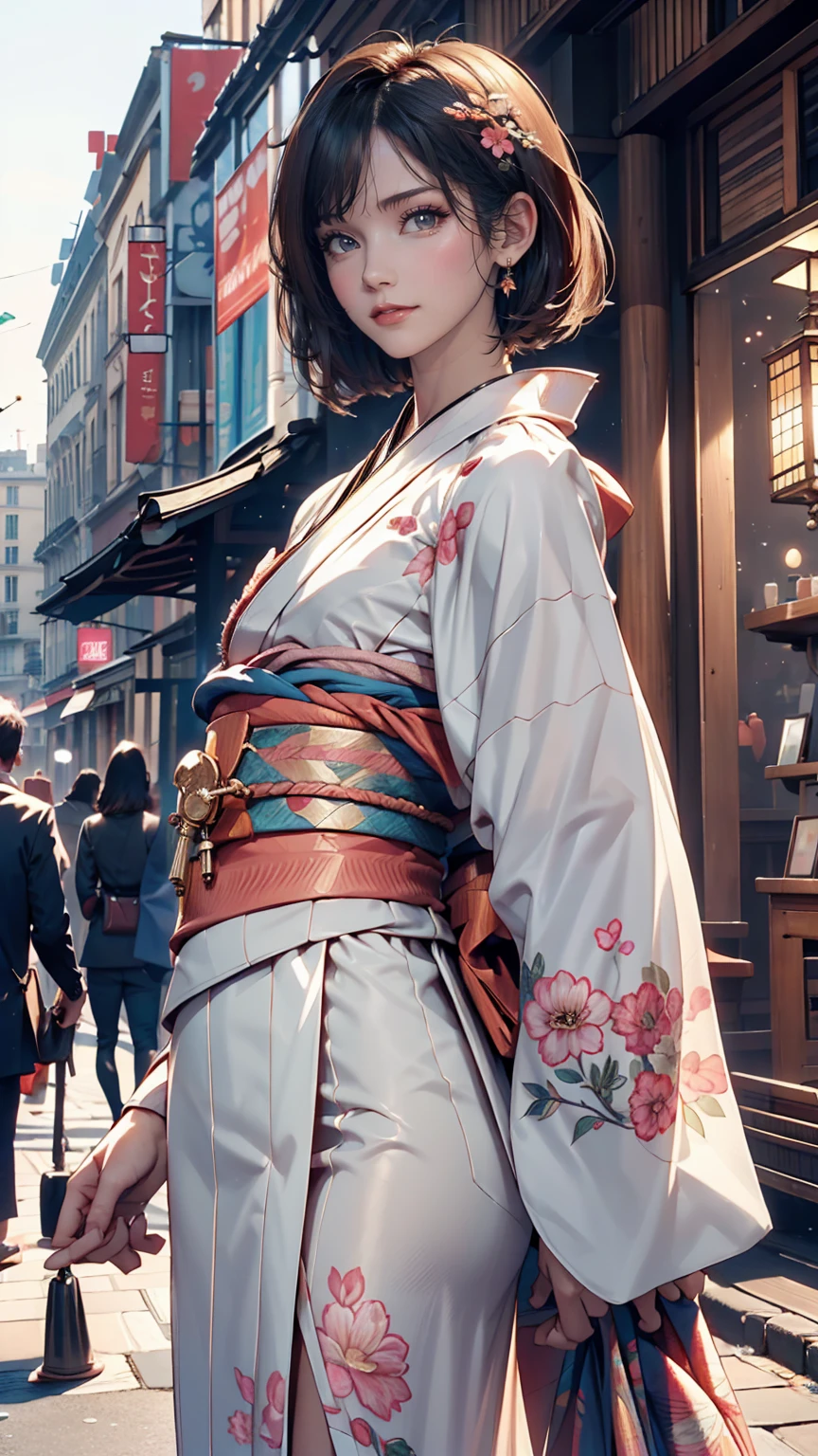 (Highest quality, 16K, masterpiece: 1.3)), 1 Girl, Sharp focus: 1.2, Beautiful woman with perfect figure: 1.4, Slim Abs: 1.2, (((Short Bob Hair)), ((small: 1.4)), ((Beautiful Face Idol: 1.3)), (Transparent fabric kimono 1.5)), Highly detailed face and skin texture, Fine grain, double eyelid, (((stop temporarily)), (Fascinating)), walking, Paris cityscape, Low - Angle, Shooting from below