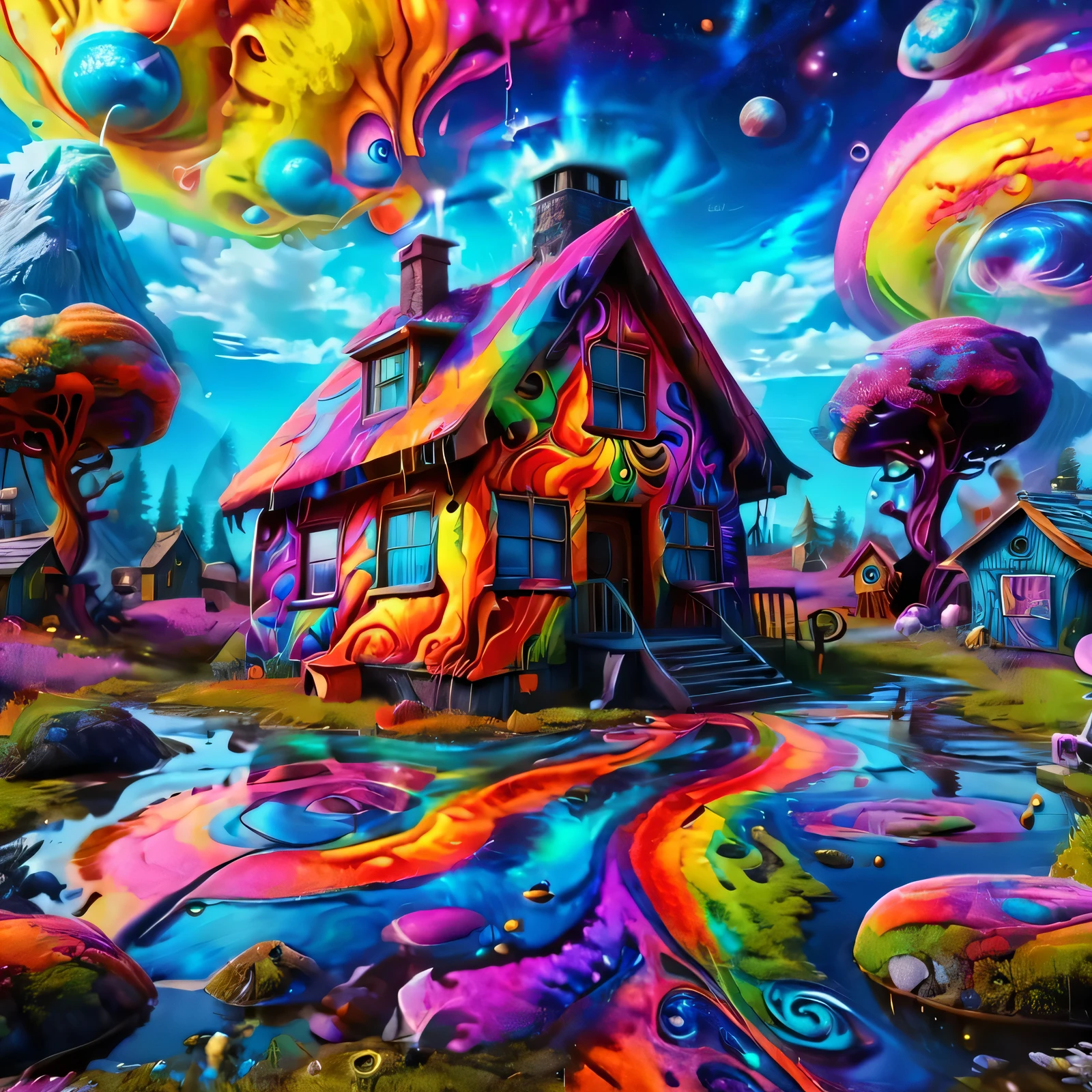 Create a vibrant and 4k logo for a YouTube music channel featuring a variety of genres including Psychedelic Trance, Sleeping Ambient, Love Songs, Blues Bass Space-Rock, House, and Deep House. The logo should prominently feature the letters "D B Z" and "D T R" in Gothic fonts. Use a psychedelic color palette for the background to reflect the diverse and dynamic nature of the channel. Ensure the design is bold and visually striking, capturing the essence of each genre and the multi-playlist nature of the channel.