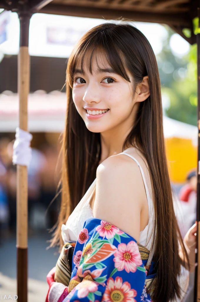 Japanese traditional kimono, flower pattern yukata, summer festival night stall, first year high school student, ((full body)), ((photo)), ((best qualtiy, 8K, tmasterpiece:1.3)), Focus:1.2, perfect figure beautiful girl:1.4, 1girl, cowboy shot, look at viewer, incredibly absurd, beautiful and cute girl with a photorealistic face, showcasing top-quality craftsmanship, A Japanese girl walking around looking at the food stalls at a summer festival on a night, 15 years old, straight hair that reaches about 10cm below the shoulders, light brown hair color, shiny hair, bangs cut straight above the eyes, hair tucked behind the ears, soft round face, large almond-shaped eyes, light brown eye color, long eyelashes, thin and neat eyebrows, small nose with a straight bridge, cherry-colored lips, bright smile, white teeth, smooth skin, fair skin, light pigmentation, freckles, average height, supple body, well-balanced proportions, small A-cup breasts, beautiful girl, neat, moe, cheerful, curious, friendly, polite, responsible, likes festivals and events, August