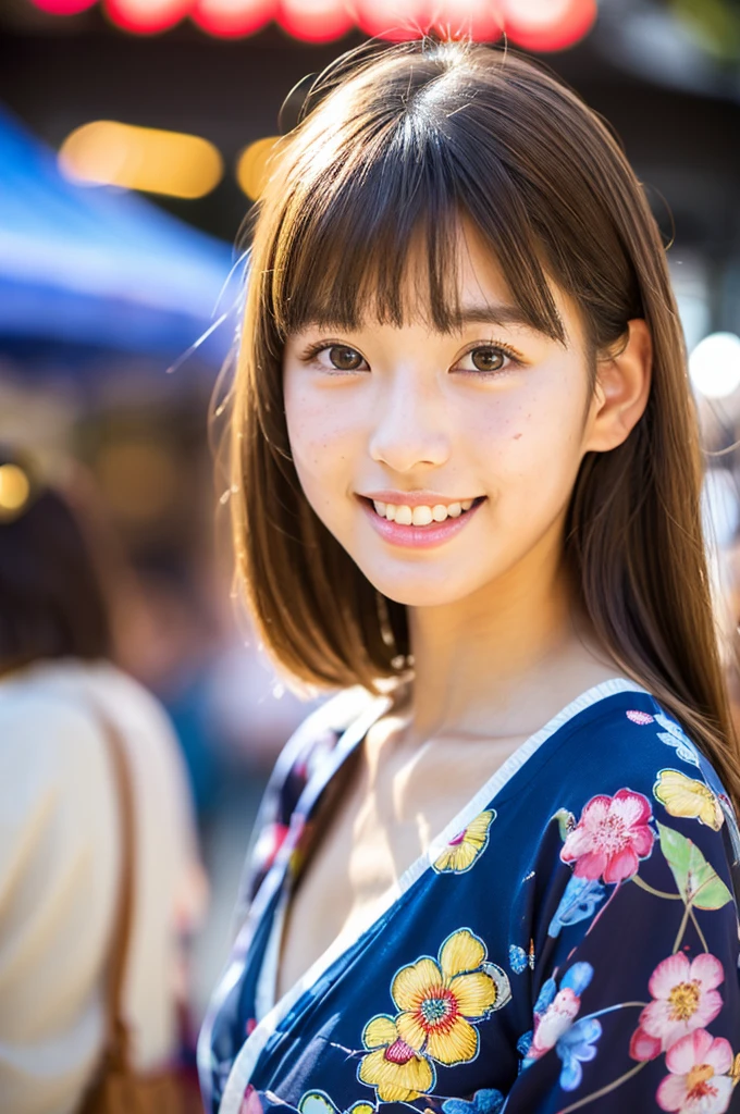 Japanese traditional kimono, flower pattern yukata, summer festival night stall, first year high school student, ((full body)), ((photo)), ((best qualtiy, 8K, tmasterpiece:1.3)), Focus:1.2, perfect figure beautiful girl:1.4, 1girl, cowboy shot, look at viewer, incredibly absurd, beautiful and cute girl with a photorealistic face, showcasing top-quality craftsmanship, A Japanese girl walking around looking at the food stalls at a summer festival on a night, 15 years old, straight hair that reaches about 10cm below the shoulders, light brown hair color, shiny hair, bangs cut straight above the eyes, hair tucked behind the ears, soft round face, large almond-shaped eyes, light brown eye color, long eyelashes, thin and neat eyebrows, small nose with a straight bridge, cherry-colored lips, bright smile, white teeth, smooth skin, fair skin, light pigmentation, freckles, average height, supple body, well-balanced proportions, small A-cup breasts, beautiful girl, neat, moe, cheerful, curious, friendly, polite, responsible, likes festivals and events, August