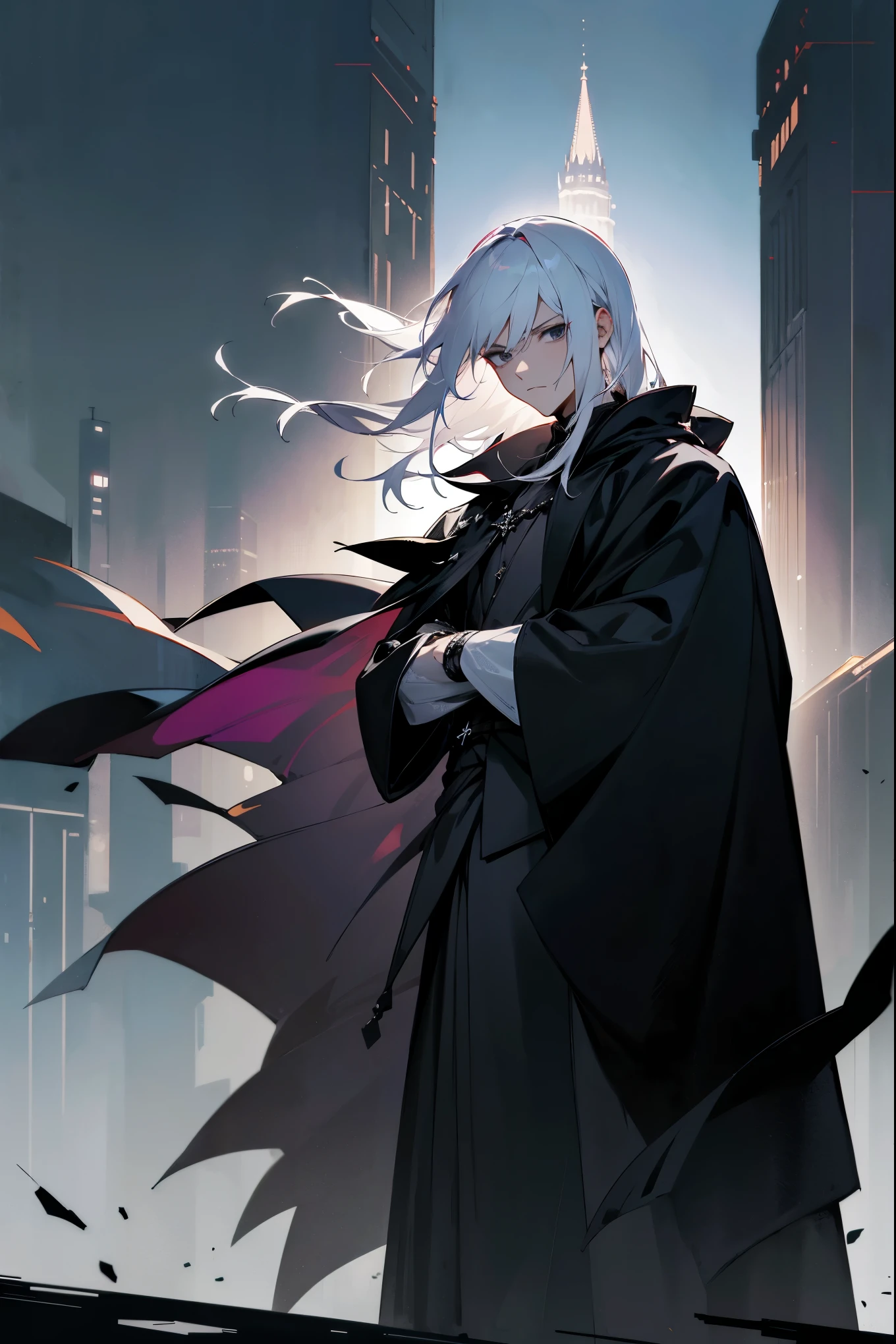 1male, white hair, black eyes, medium length hair, middle parted hair, serious expression, black cloak, dark clothing, city background, detailed background, hands to side, standing on path, night time