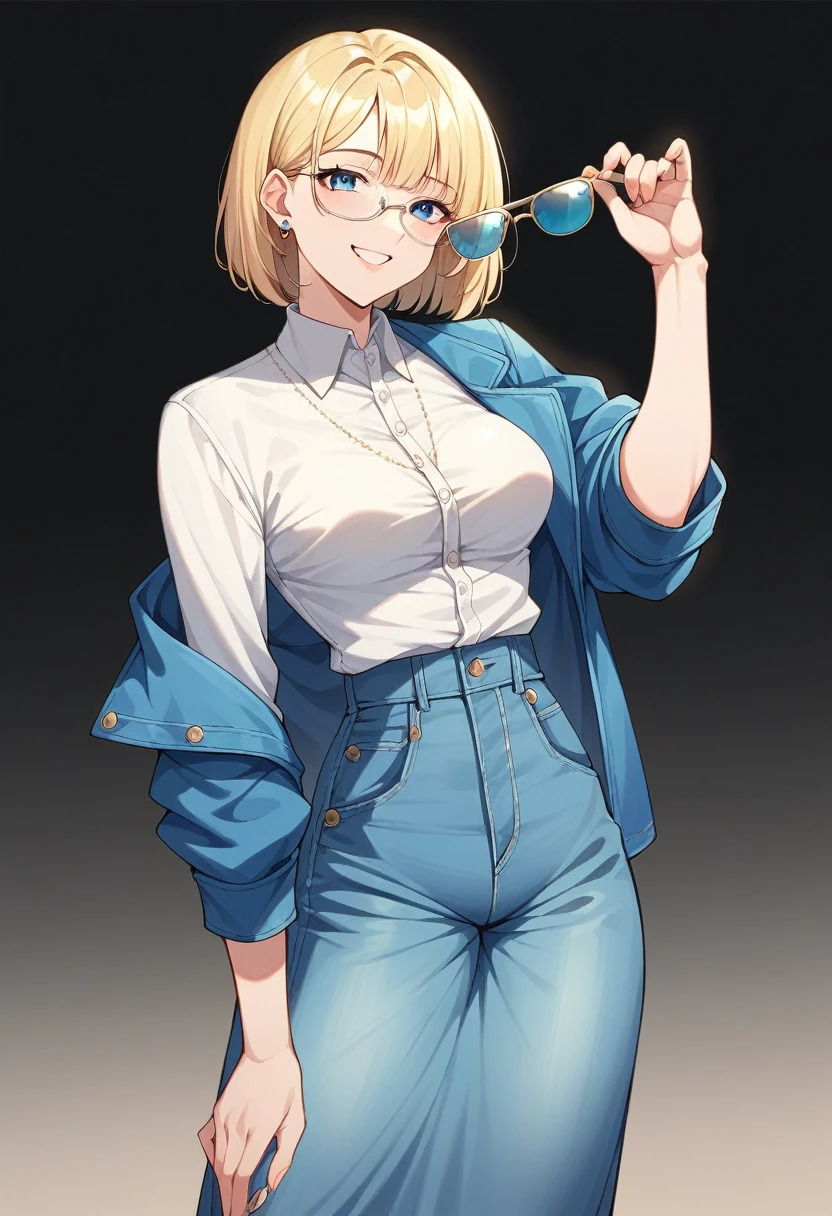 beautiful woman, beautiful face, solo, from center, standing, medium bob cut blonde hair, light blue eyes, two points glasses, medium breasts, blue denim jacket, white dress shirts, white pleats long skirt, soft smile, temptation pose, black background, no background, pastel 2d art, matte painting, anime, masterpiece