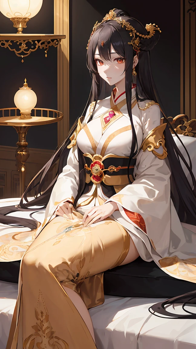 Empress Jiuyou is an enchanting and majestic figure. She has long, flowing black hair that glimmers subtly, and her deep violet eyes exude wisdom and a touch of melancholy. Her skin is pale and flawless, giving her an almost ethereal appearance.
Her attire is a modest yet intricately designed Hanfu. The Hanfu features wide sleeves, a high collar, and multiple layers of delicate, pastel-colored fabrics adorned with intricate patterns and sparkling gemstones. This elegant outfit should cover her fully while highlighting her slender, regal figure.
Set the scene in her luxurious bedchamber, rich with golden silk drapes and opulent furnishings. The room should reflect her status as an empress, with drapes embroidered with phoenix and dragon motifs symbolizing her divine royalty. Her bed, piled with lavish pillows and blankets, sits prominently in the room, and an ornate mirror on the wall reflects her otherworldly beauty. Through a window, a serene view of the moonlit palace gardens can be seen, adding an element of tranquility to the scene.
The atmosphere should balance elegance and underlying tension, emphasizing Empress Jiuyou's grace and the complex power dynamics of her position.