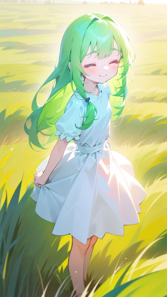 ((1**** girl,4 years old)),((small body)),little white dress,green hair,long hair,closed eyes,****,solo,cute,happy face,smile,blush,cowboy shot,(standing in a grass field,sunlight),(glowing body)