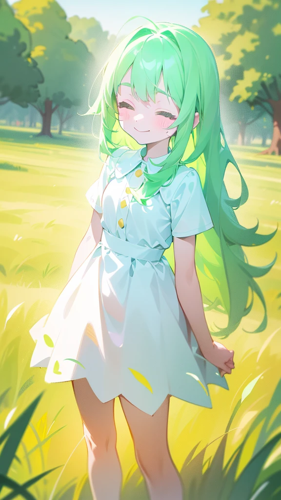 ((1**** girl,4 years old)),((small body)),little white dress,green hair,long hair,closed eyes,****,solo,cute,happy face,smile,blush,cowboy shot,(standing in a grass field,sunlight),(glowing body)