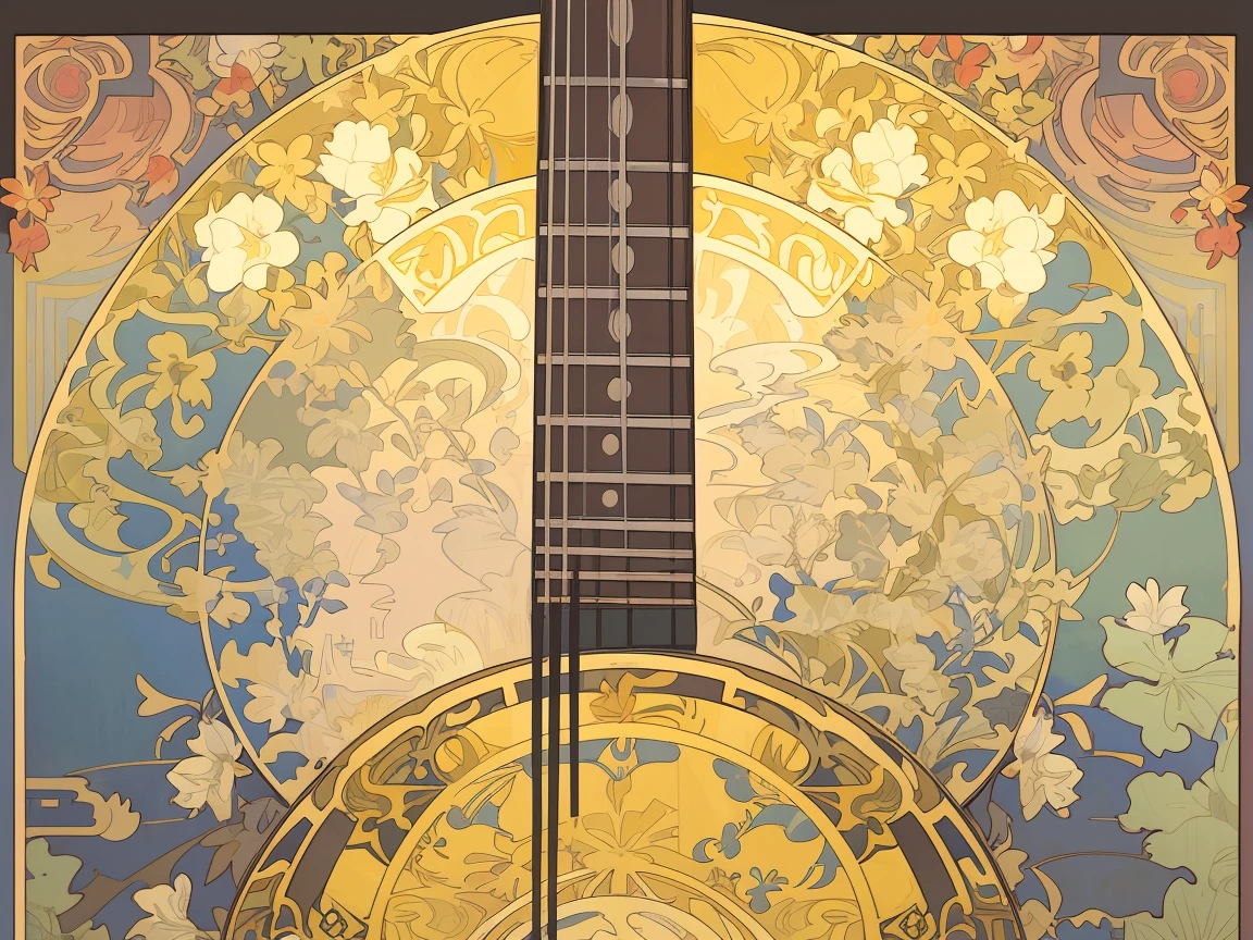 portrait of a electric guitar,Gibson,No person,floral frame, Decorative panels, abstract artistic, by Alphonse Mucha (Masterpiece, Best Quality, Highres:1.4), Detailed, Intricate Details, 4K, color splashes, line art, fibonacci,