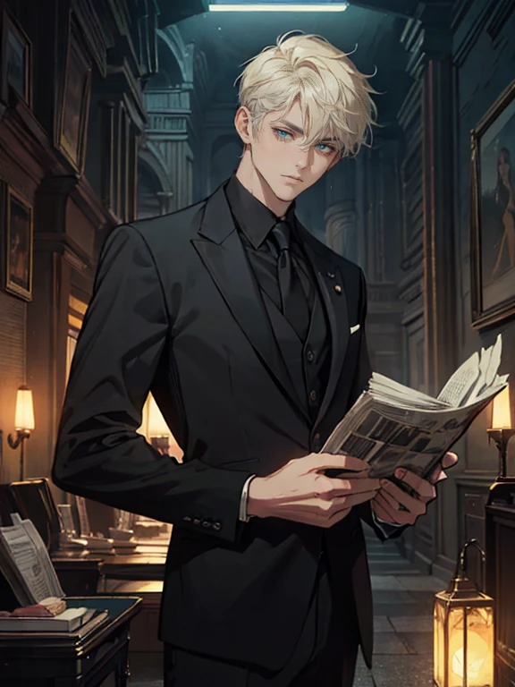 ((One young man in a black suit and tie)), Gotham, alejandro, (((Dark short hair swept to the side))), (dark green eyes and thick eyebrows), grin, ((20-year-old)), ((masterpiece)), read the newspaper , ((cinematic lighting)),