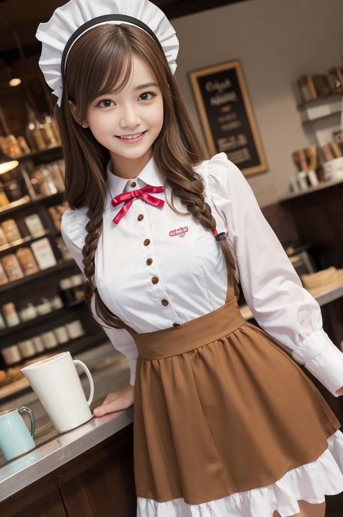 the girl is dressed in a maid costume, brown hair, maid headdress, ((maid uniform, waitress):1.2), long sleeves, realistic, long hair, big laugh, beautiful, model, best quality, masterpiece, cute, various posing, clear face, ultra high res, High detail RAW, Top quality, age 21, 35mm lens, f/1, seductive smile, maid, colorful, Coffee shop, 1 Men, 1 girl, more details