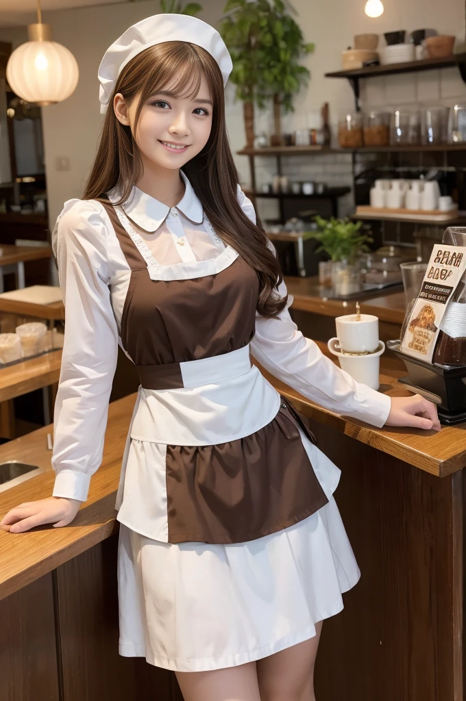 the girl is dressed in a maid costume, brown hair, maid headdress, ((maid uniform, waitress):1.2), long sleeves, realistic, long hair, big laugh, beautiful, model, best quality, masterpiece, cute, various posing, clear face, ultra high res, High detail RAW, Top quality, age 21, 35mm lens, f/1, seductive smile, maid, colorful, Coffee shop, 1 Men, 1 girl, more details