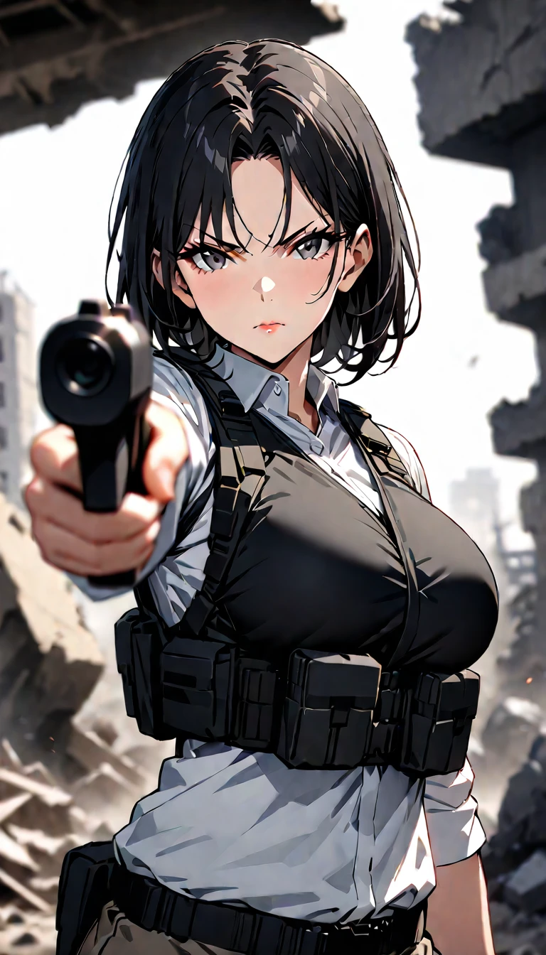 ((masterpiece)),((highest quality)),((High resolution)),((Very detailed)),One woman,48 years old,Mature Woman,Japanese,Black Hair,Short Bob,Beautiful Eyes,Long eyelashes,Beautiful Hair,Beautiful Skin,Serious,Large Breasts,BREAK(((pointing pistol))),Handgun,White shirt,black bulletproof vest, Combat Boots, Black Tactical Forster,Tactical Headset,(The background is the rubble of ruins),(((Background Blur)))