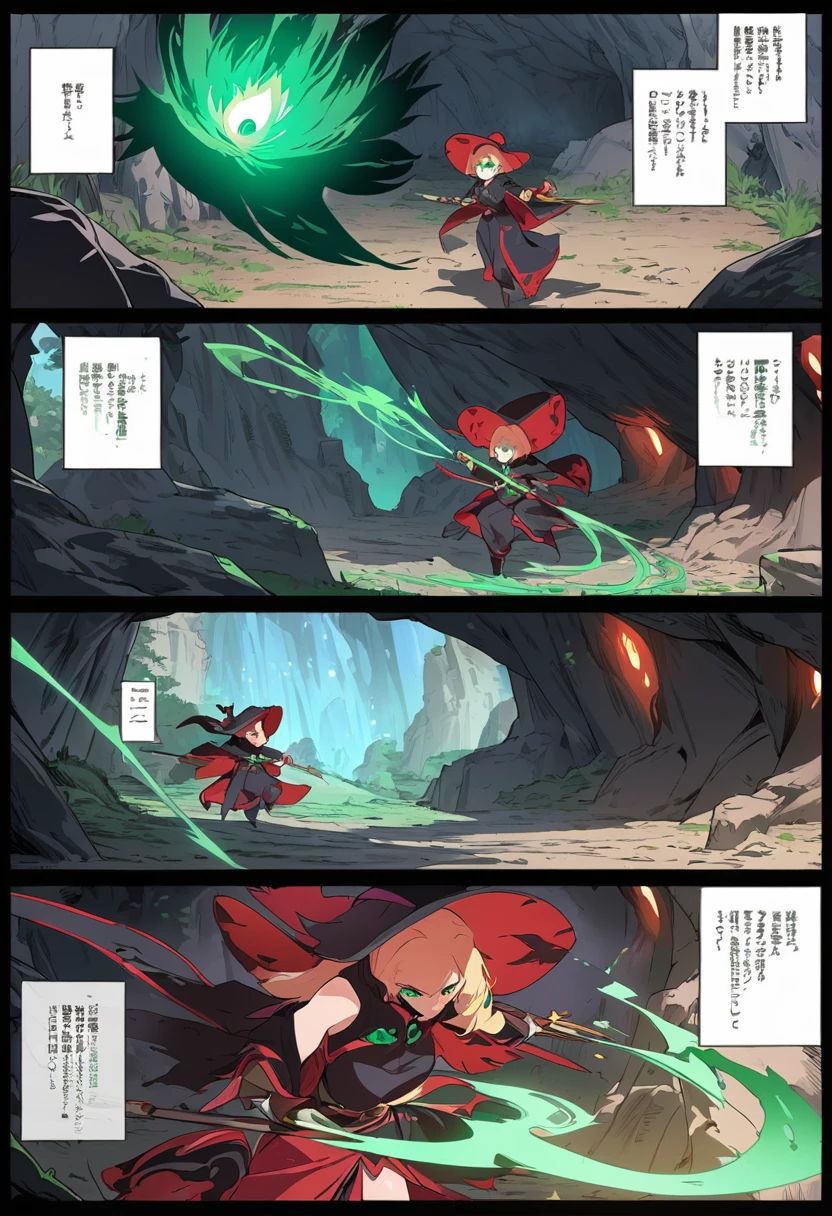 *((highest quality)), ((masterpiece)), (detailed), comic e-book storyboard, three panels, HQ, shadow mage with completely green eyes, red details, in a cave, casting magic, anime style, high resolution"