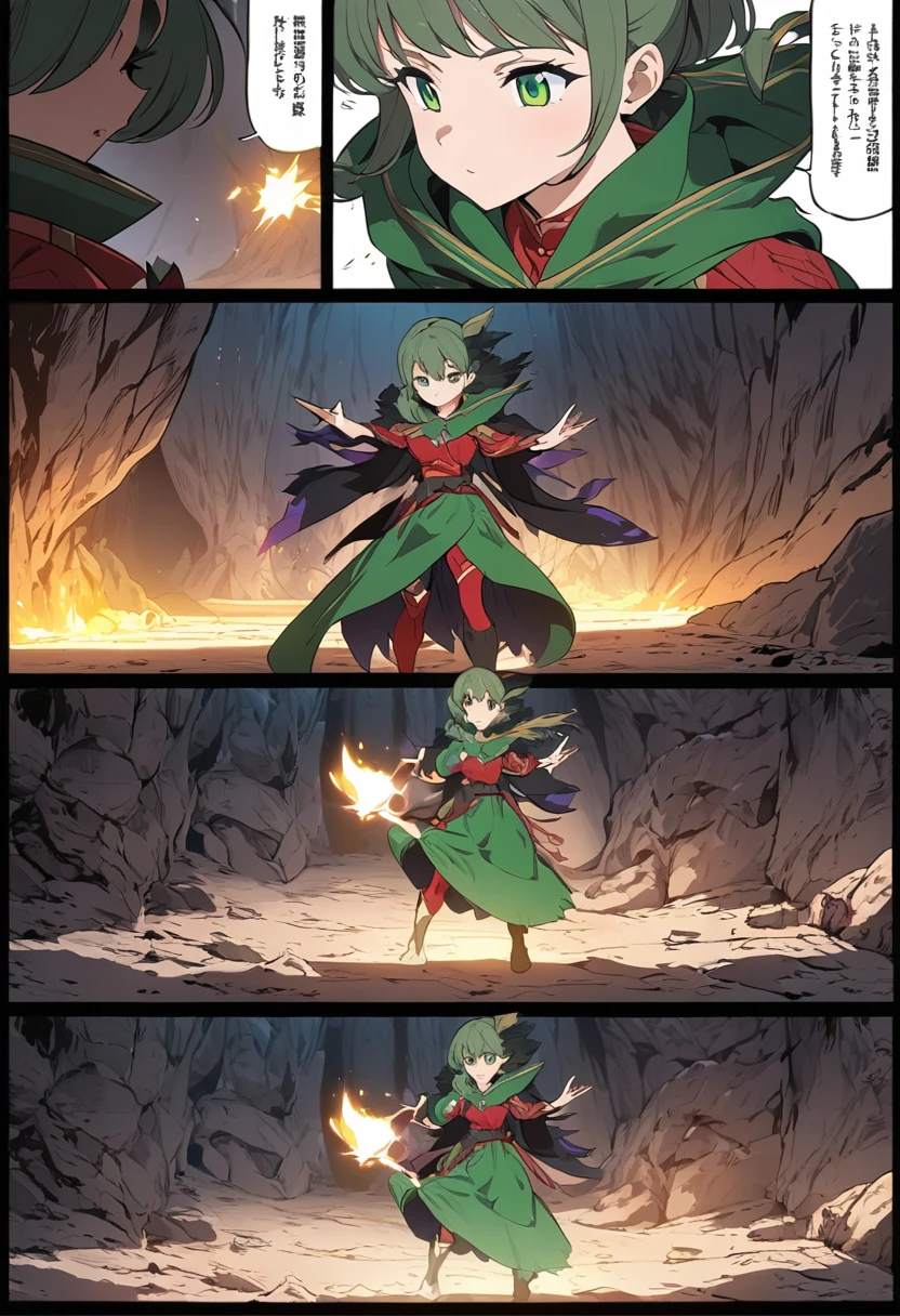 *((highest quality)), ((masterpiece)), (detailed), comic e-book storyboard, three panels, HQ, shadow mage with completely green eyes, red details, in a cave, casting magic, anime style, high resolution"