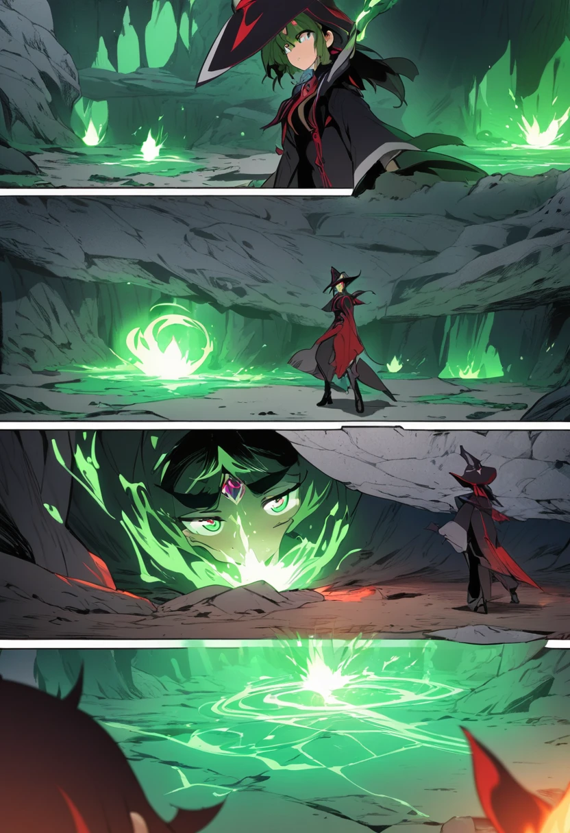 *((highest quality)), ((masterpiece)), (detailed), comic e-book storyboard, three panels, HQ, shadow mage with completely green eyes, red details, in a cave, casting magic, anime style, high resolution"