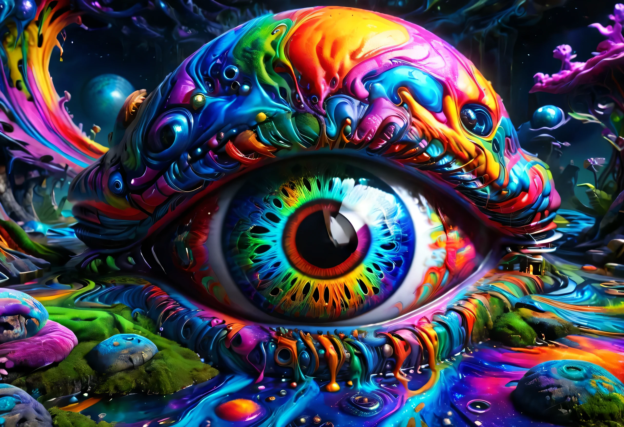 Create a vibrant and eye-catching logo for a YouTube music channel featuring a variety of genres including Psychedelic Trance, Sleeping Ambient, Love Songs, Blues Bass Space-Rock, House, and Deep House. The logo should prominently feature the letters "D B Z" and "D T R" in Gothic fonts. Use a psychedelic color palette for the background to reflect the diverse and dynamic nature of the channel. Ensure the design is bold and visually striking, capturing the essence of each genre and the multi-playlist nature of the channel.