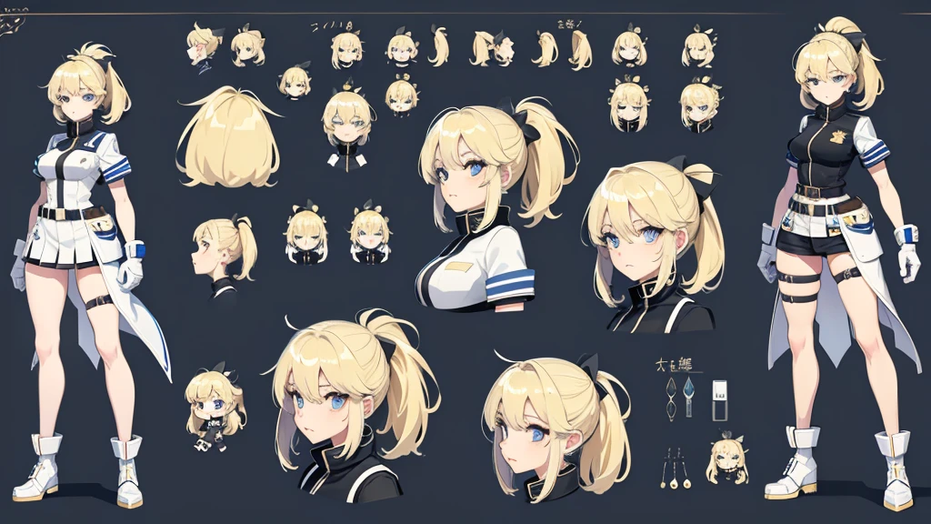 police girl ,blonde hair ponytail,blue eye,character design sheet, character turnaround, character in different poses