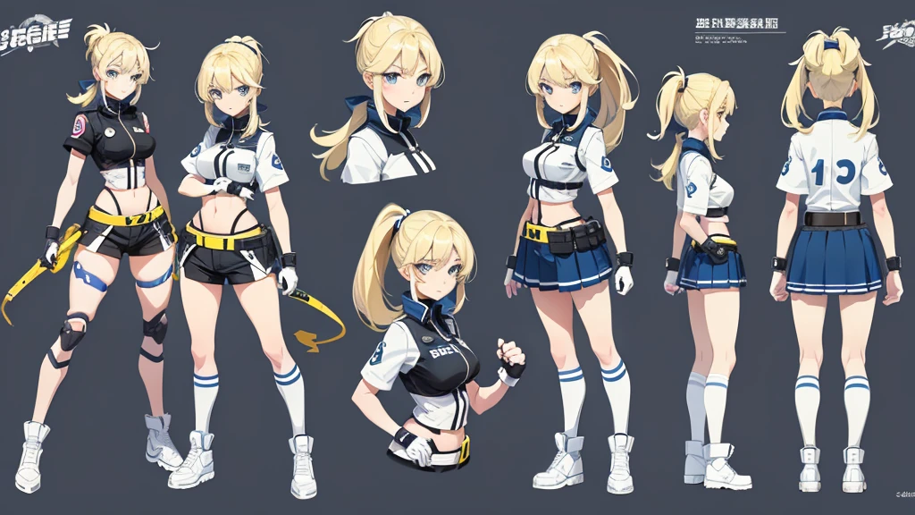 police girl ,blonde hair ponytail,blue eye,character design sheet, character turnaround, character in different poses