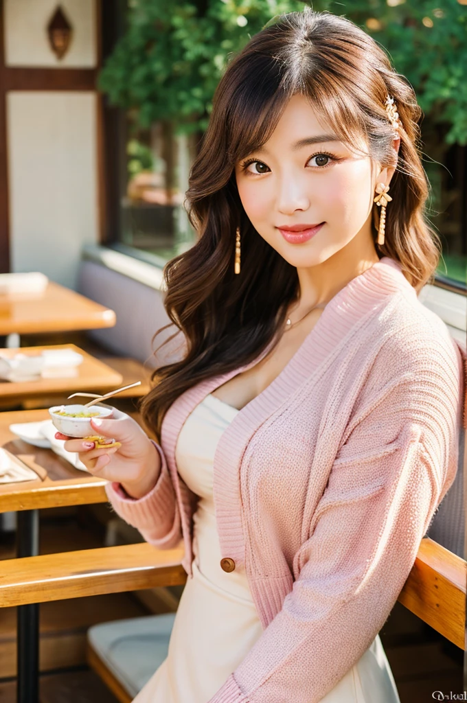 Family restaurant parking lot, full-time housewife, ((full body)), ((photo)), ((best qualtiy, 8K, tmasterpiece:1.3)), Focus:1.2, perfect figure beautiful girl:1.4, 1girl, cowboy shot, look at viewer, incredibly absurd, beautiful and cute girl with a photorealistic face, showcasing top-quality craftsmanship, Japanese woman eating at a family restaurant, 21 years old, medium-long brown hair, parted in the middle with curls at the ends, bangs cut above the eyes, naturally rounded hairline, large chocolate brown eyes, long eyelashes, cherry blossom lips, slightly high nose, oval face, fine skin, plump cheeks, soft chin, gentle smile, glamorous, fair skin, large buttocks, beautiful D-cup breasts, beige dress, pink cardigan, floral scarf, earrings, hair accessory, pretty older woman, beautiful, glamorous, gentle, attentive, passionate, curious, loves to talk, September