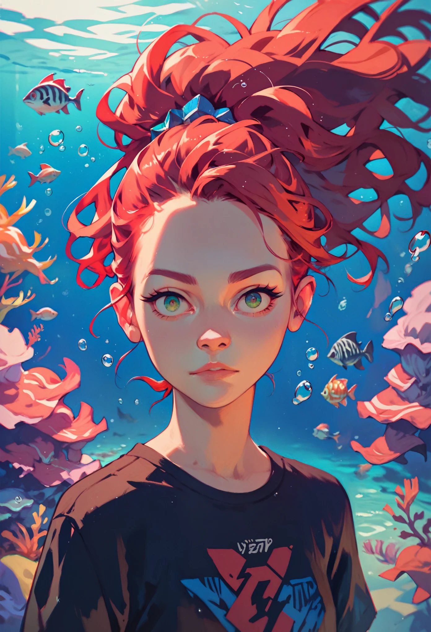((red hair)), green eyes, half bun hair, bust, ((curious look)), ((masterpiece)), ((detailed)), ((black shirt)), ((blue jeans)), ((best quality)), ((underwater)), small breasts, ((bright)), (pretty eyes), looking at viewer
